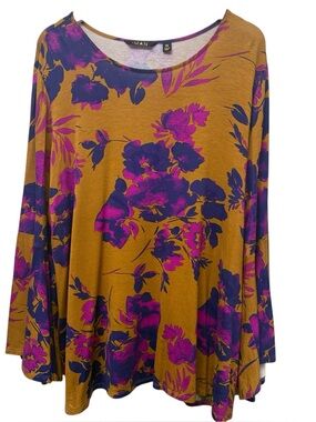 IMAN Stretch Top Plus Size 3X Brown Floral Long Bell Sleeves Tunic Tee